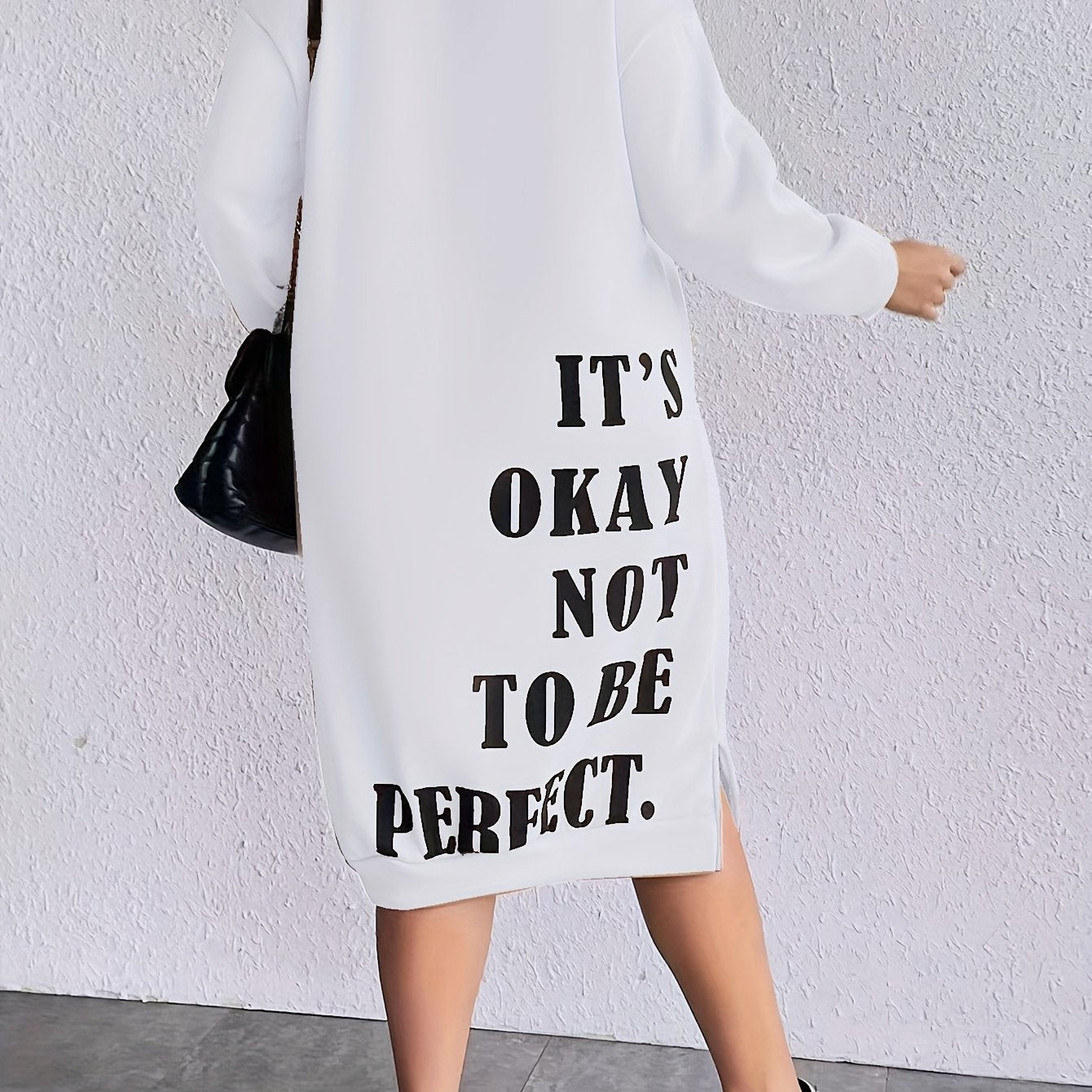 Midi Plus Size Casual Slogan Print Long Sleeve Round Neck Trapeze Sweatshirt Dress - Soft Medium Stretch Polyester Fabric, Loose Fit, Pullover Style, Machine Washable - Weekend Casual Wear for Fall Season