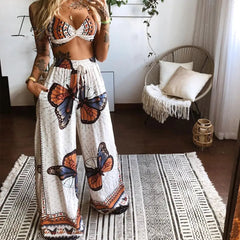 Ingvn - 2 Pecs Suit Summer Tracksuit Sets Womens Outfits Boho Beach Style Print Underwear Loose Wide Leg Pants Ropa Mujer Подходить New