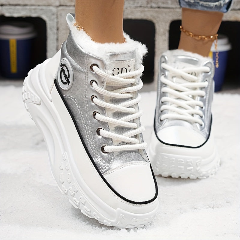 Cozy & Stylish Women's High-Top Sneakers - Plush Lined, Thick Sole, Warm Winter Booties with Lace-Up Closure