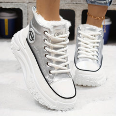 Cozy & Stylish Women's High-Top Sneakers - Plush Lined, Thick Sole, Warm Winter Booties with Lace-Up Closure