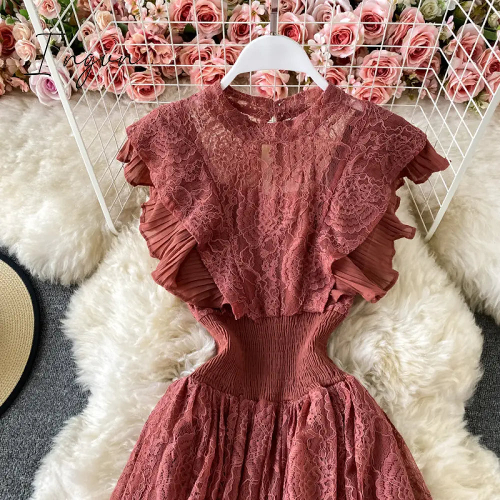 Ingvn - Vintage Purple/Green/Red Lace Midi Dress Women Sweet Round Neck Ruffle Vestidos Female High Waist Slim Robe Spring Autumn