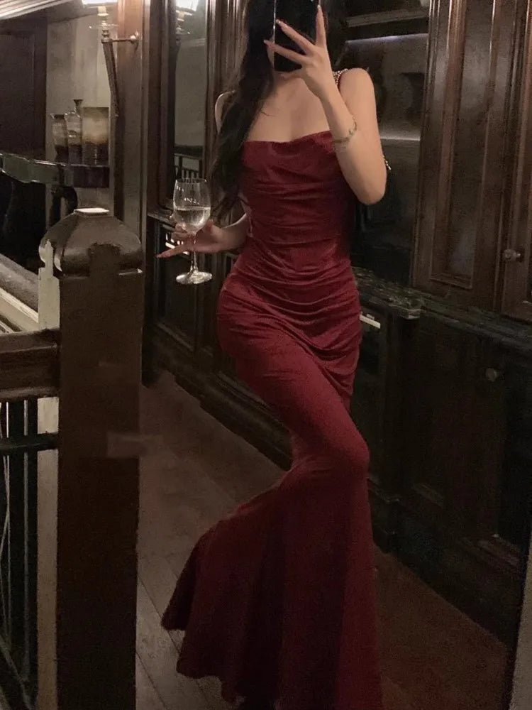 Women Fashion Sexy Bodycon Mermaid Dress Summer Elegant Strap Evening Party Robe Korean Female Solid Long Vestidos Dresses