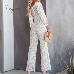 Ingvn - Elegant Office Ladies Pants Romper Overalls Autumn Long Sleeve Solid Crochet Lace Slim Jumpsuits Women Fashion Straight Playsuit