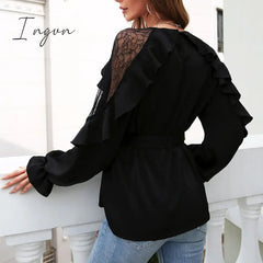 Ingvn - Round Neck Front Tie Flounce Sleeve Lace Cap Blouse