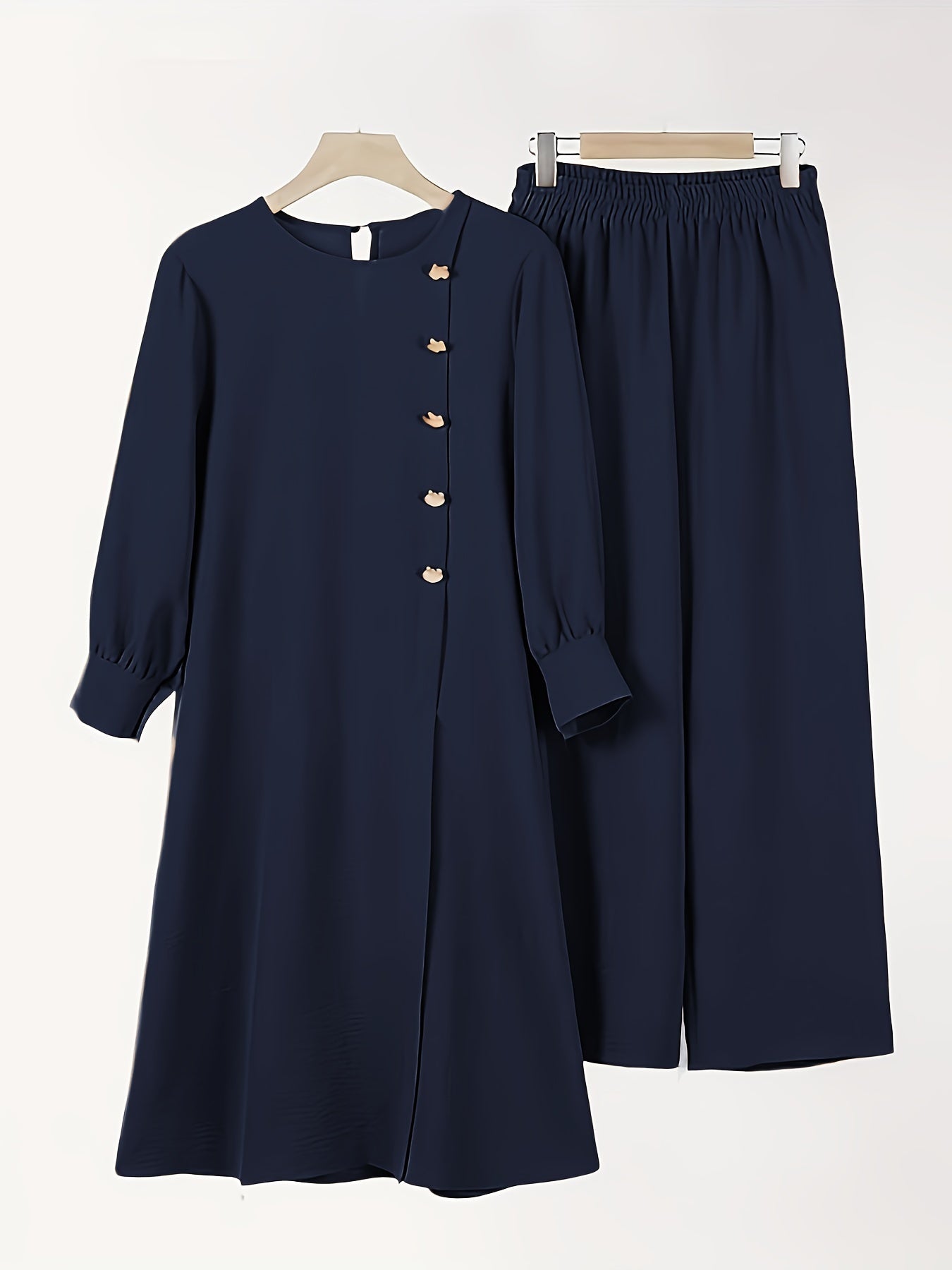 Two-piece Set, Elegant Solid Color Long Sleeve T-shirt & Loose Pants Outfits, Women's Clothing