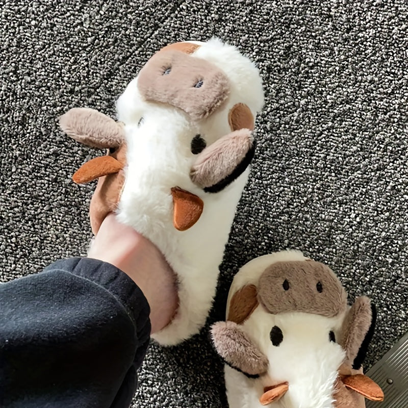Womens Cartoon Cow Slippers - Plush Warm Lining, Closed Toe Fuzzy Slides, Ultimate Indoor Comfort for Cozy Days