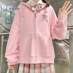 Ingvn - Harajuku Sweet Fruit Print Women Hoodie Pocket Spring Loose Thin Zipper Sweatshirt Girl Cute Pink Plus Size Clothes Among Us