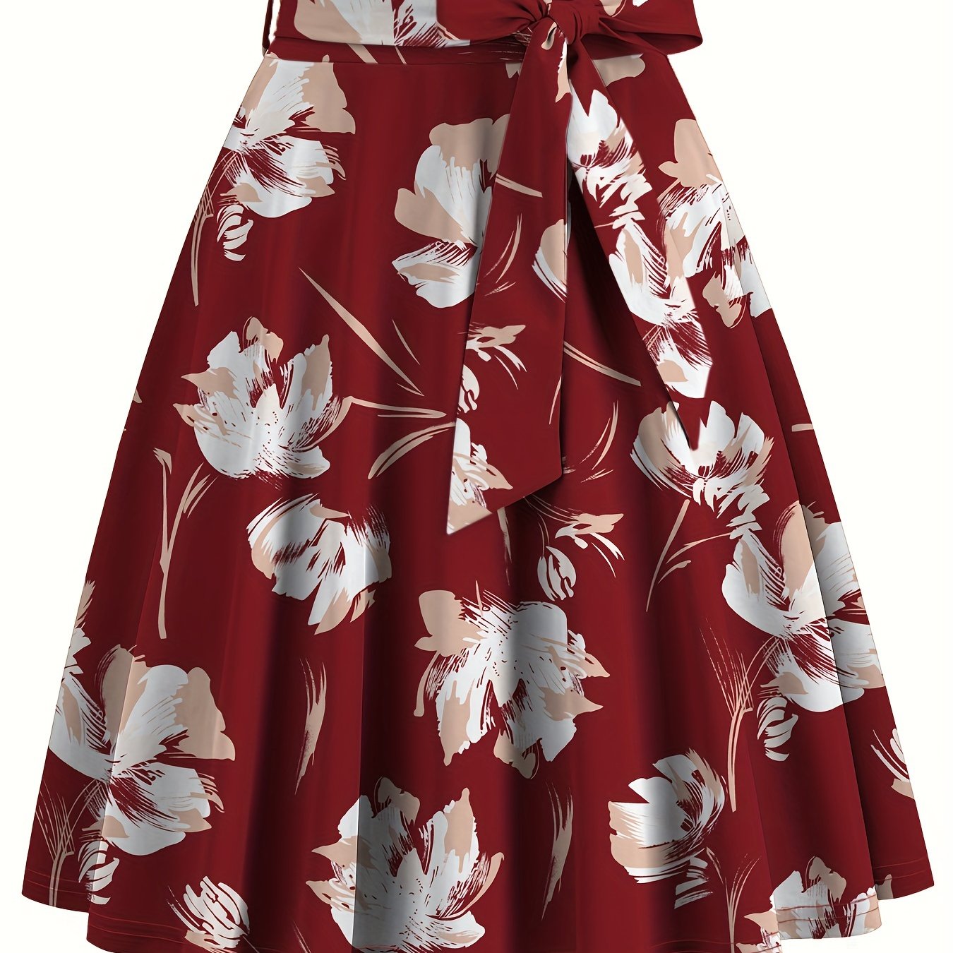 Floral Print High Waist Skirt, Elegant Belted Flared Midi Skirt, Women's Clothing