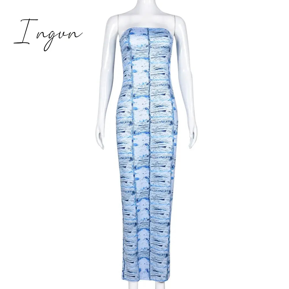 Ingvn - Women Print Off-shoulder Sleeveless Maxi Dress 2023 Summer Elegant Strapless Bodycon Cocktail Party Sundress Beach Streetwear