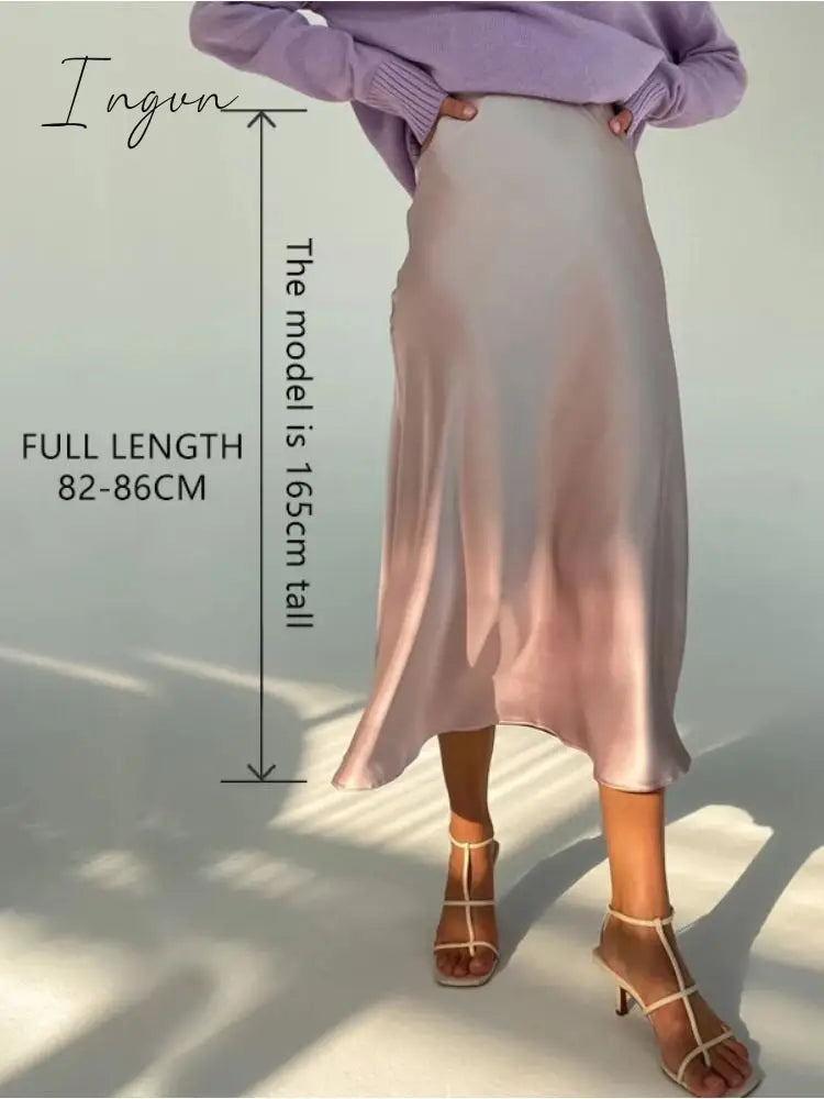 Ingvn - Women High Waisted Skirt  Silk Satin Skirts  A-Line Elegant Skirts Summer Pink Midi Skirt New Korean Style  pencil skirt 2023