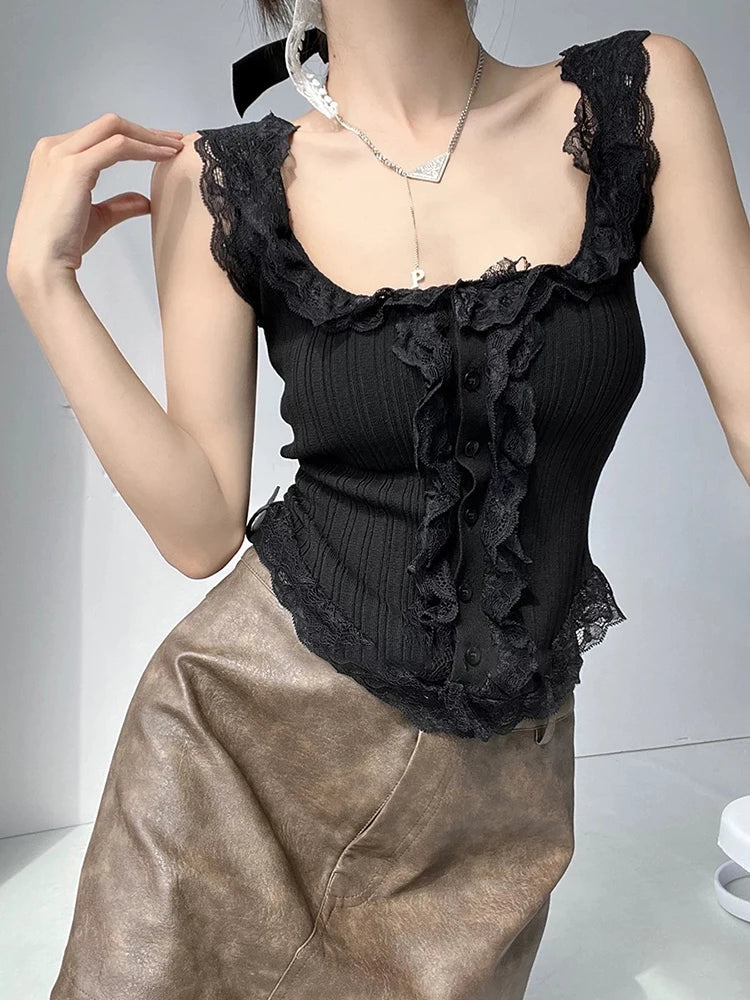 Women's Sweet Girl White Lace Knitted Crop Top Korea U-Neck Spaghetti Straps Tank Top 2025 Summer Female White Lace Stretch Cami