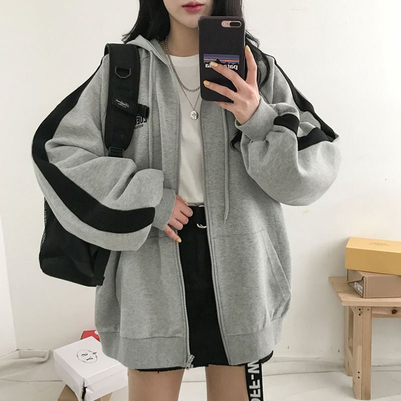 VOGUABLE  Women Hoodies Harajuku Korean Version Zip Up Loose Oversized Sweatshirts Casual Solid Color Long Sleeve Hooded Sweatshirt Coats