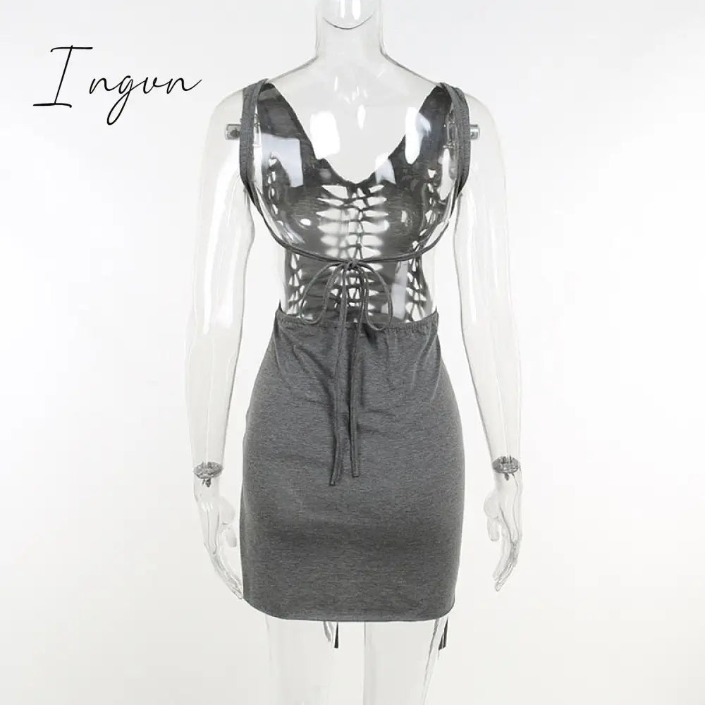 Ingvn - Dark Gray Hollow Out Mini Dress Sexy Drawstring Bandage Backless Summer Dresses for Women 2023 Birthday Party Clubwear