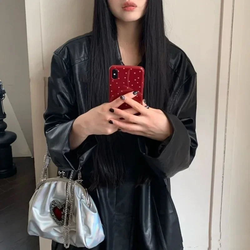 Ingvn  Vintage Y2k Womens Handbag Silver Gothic Fashion Chains Casual Shoulder Bag Pu Leather Pleated Original Female Shell Bag