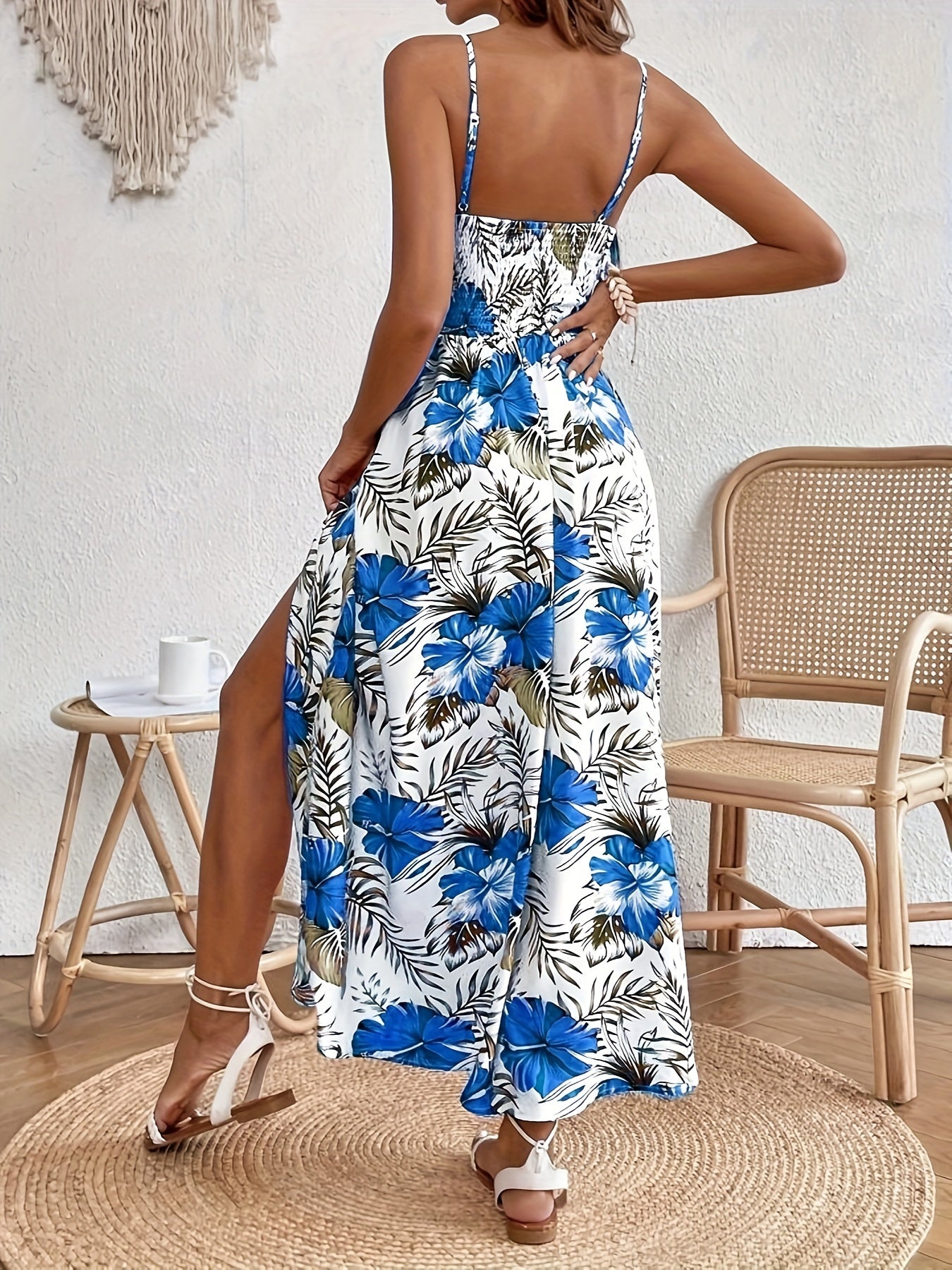 Womens Spring/Summer Chic Maxi Dress - Adjustable Spaghetti Straps, Floral Print, Elegant High Slit - Versatile Day-to-Night Wear
