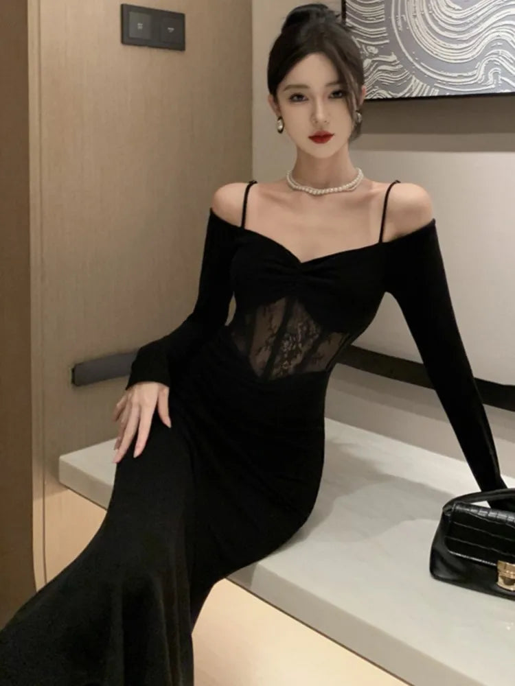 French Sexy Bodycon Knitted Mermaid Dresses Women Hollow Out Spaghetti Strap Corset Slim Waist Evening Party Dress Prom Vestidos