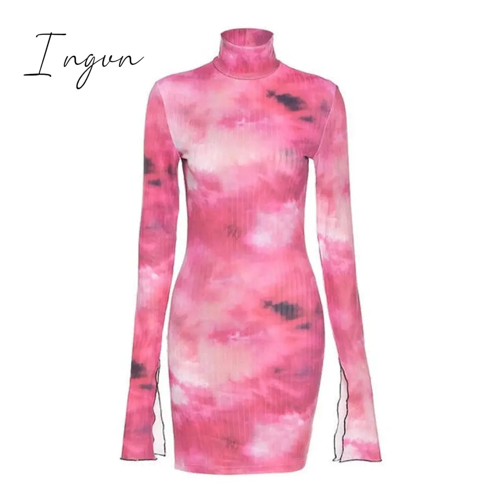 Ingvn - Tie Dye Mock Neck Bodycon Dresses For Women Side Split Ribbed Long Sleeve Clubwear Midnight Outfit Party Mini Dress Hot