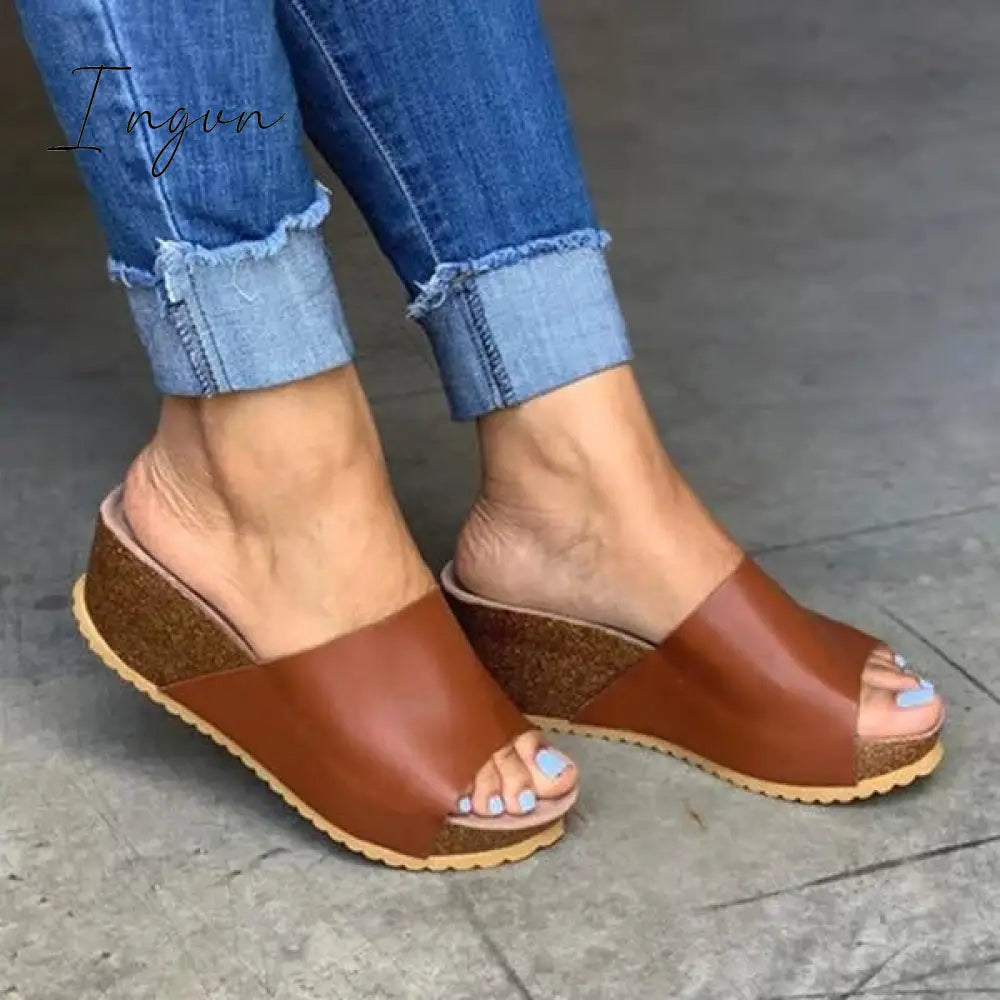 Ingvn - Fashion Style Peep Toe Slip-On Wedges Sandals