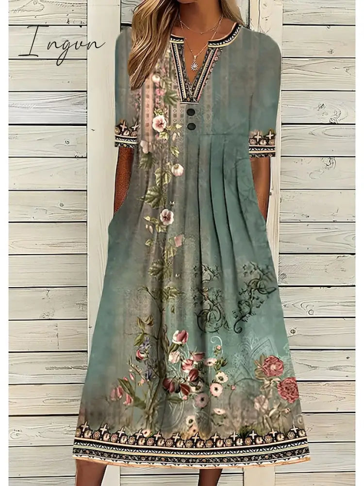 Ingvn - Women's Casual Dress Shift Dress Midi Dress Navy Blue Blue Orange Half Sleeve Floral Ruched Summer Spring V Neck Vintage Christmas Vacation 2023 S M L XL XXL 3XL