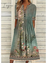 Ingvn - Women's Casual Dress Shift Dress Midi Dress Navy Blue Blue Orange Half Sleeve Floral Ruched Summer Spring V Neck Vintage Christmas Vacation 2023 S M L XL XXL 3XL