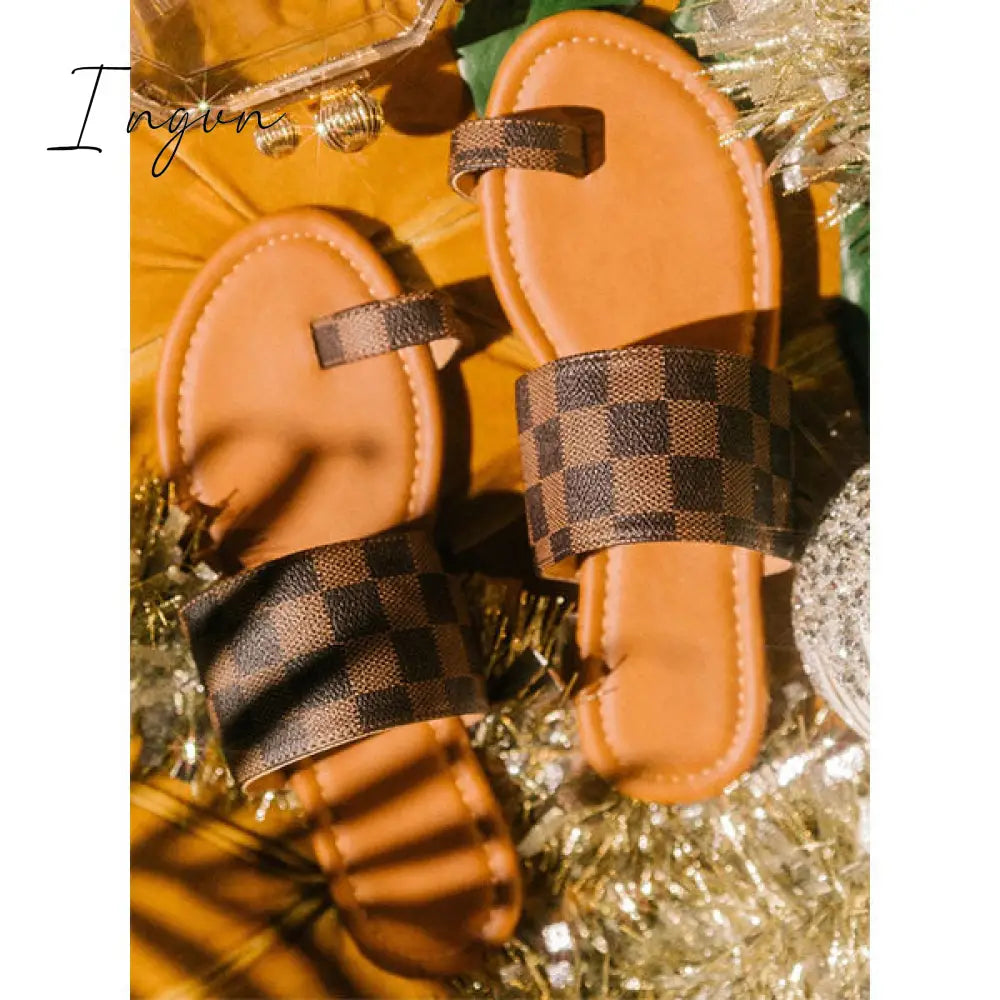 Ingvn - Plaid Toe Loop Slip-On Open Rounded Toe Slippers