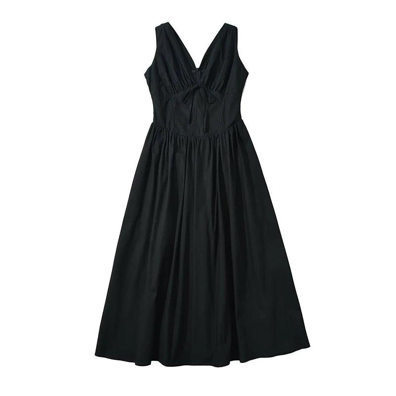 New Women Bow V Neck Floral Print Tank Summer Dress Sexy Sleeveless High Waist Elegant Holiday Party Dresses Midi Robe