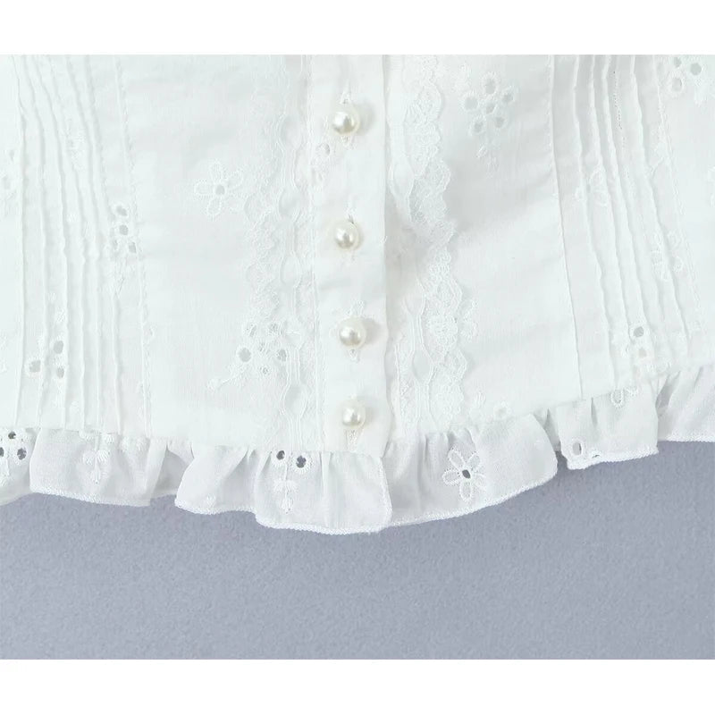 Women Hollow Out Embroidery White Tank Top Lace Trim Flying Sleeve Female Summer Crop Top Holiday