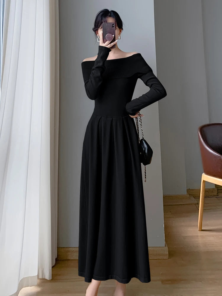 Sexy Off Shoulder Evening Dress for Women Solid Long Sleeve Slim Waist Party Vestidos Mujer Elegant One Piece Prom Robes Femme