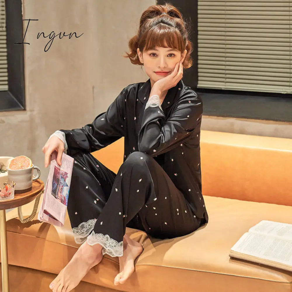 Ingvn - New Pajamas For Women Long Sleeve Pajamas Suit Female Simple Style 2 Pieces Pajamas Silk Women's Home Clothes Set Pantsuits