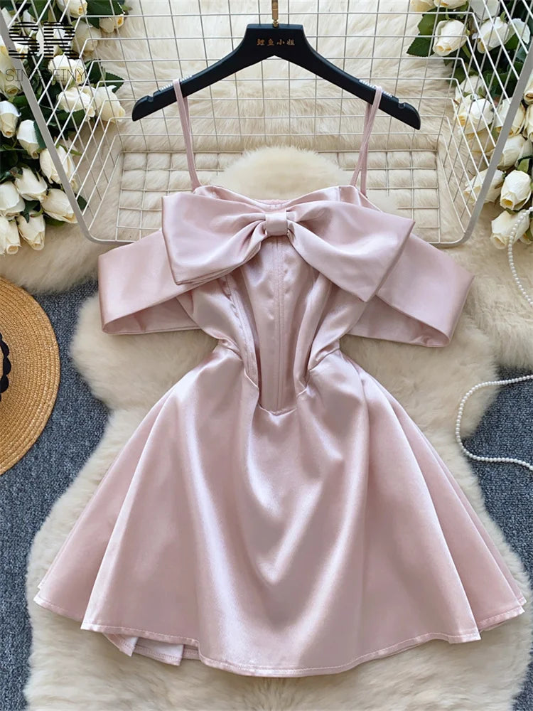 Birthday Party Satin Dress Women Sleeveless Off Shoulder Zipper Design Bodycon Senior Sexy Fashion Bow Mini Dresses