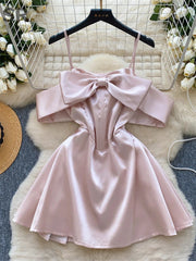 Birthday Party Satin Dress Women Sleeveless Off Shoulder Zipper Design Bodycon Senior Sexy Fashion Bow Mini Dresses