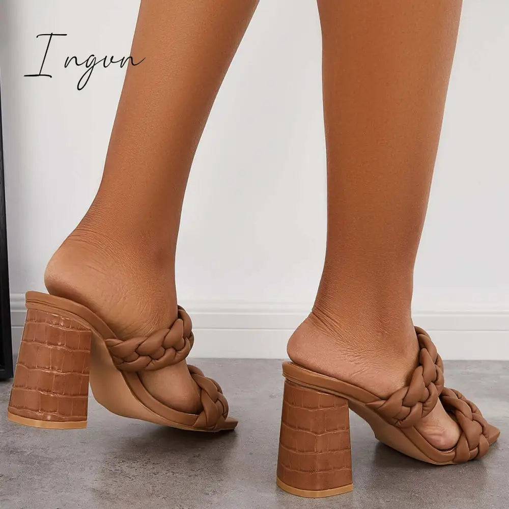 Ingvn - Square Toe Block High Heels Backless Slip on Mule Sandals