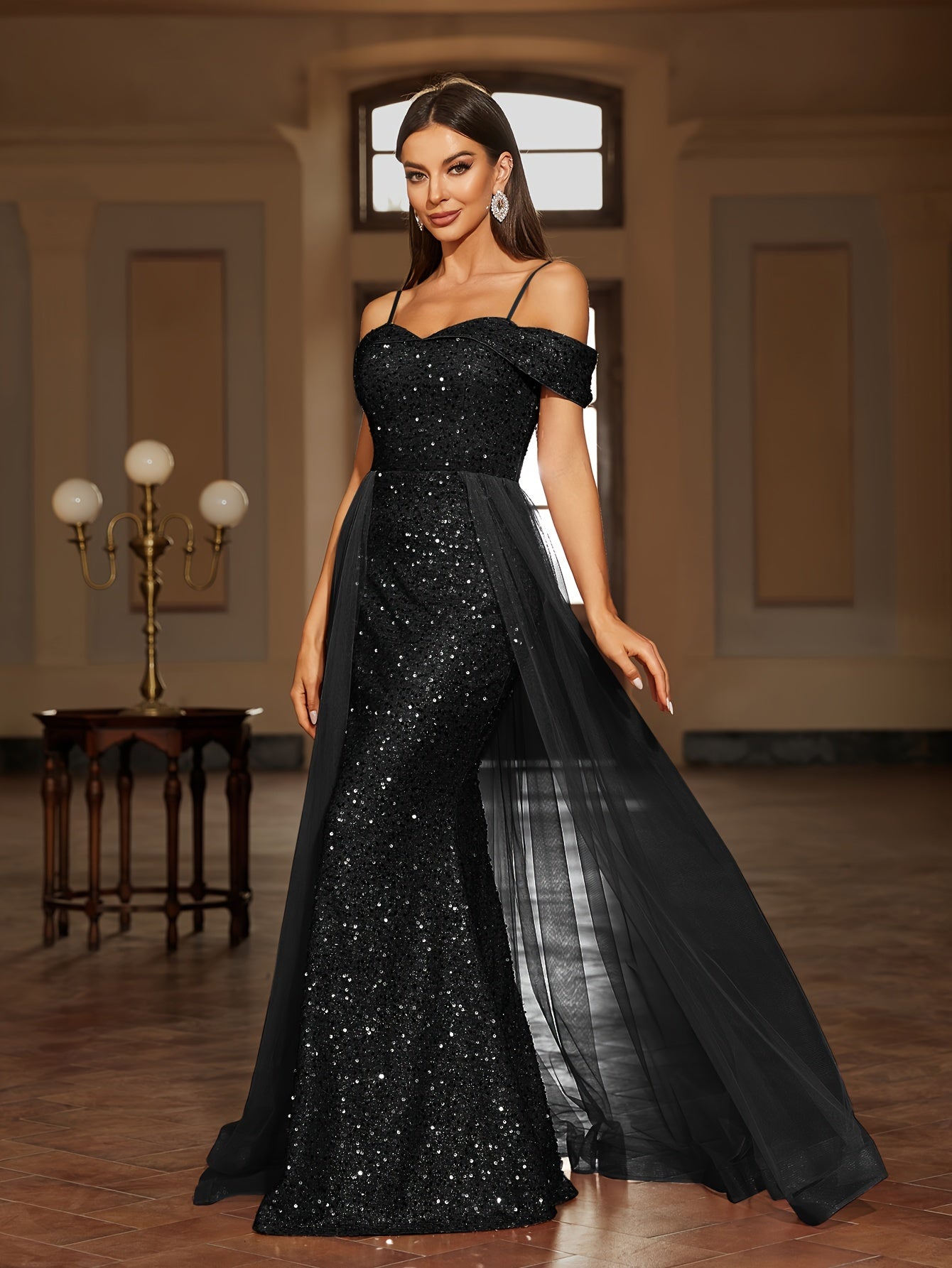 Sequined Contrast Mesh Cold Shoulder Asymmetrical Dress, Elegant Bodycon Dress For Party & Banquet, Women's Clothing