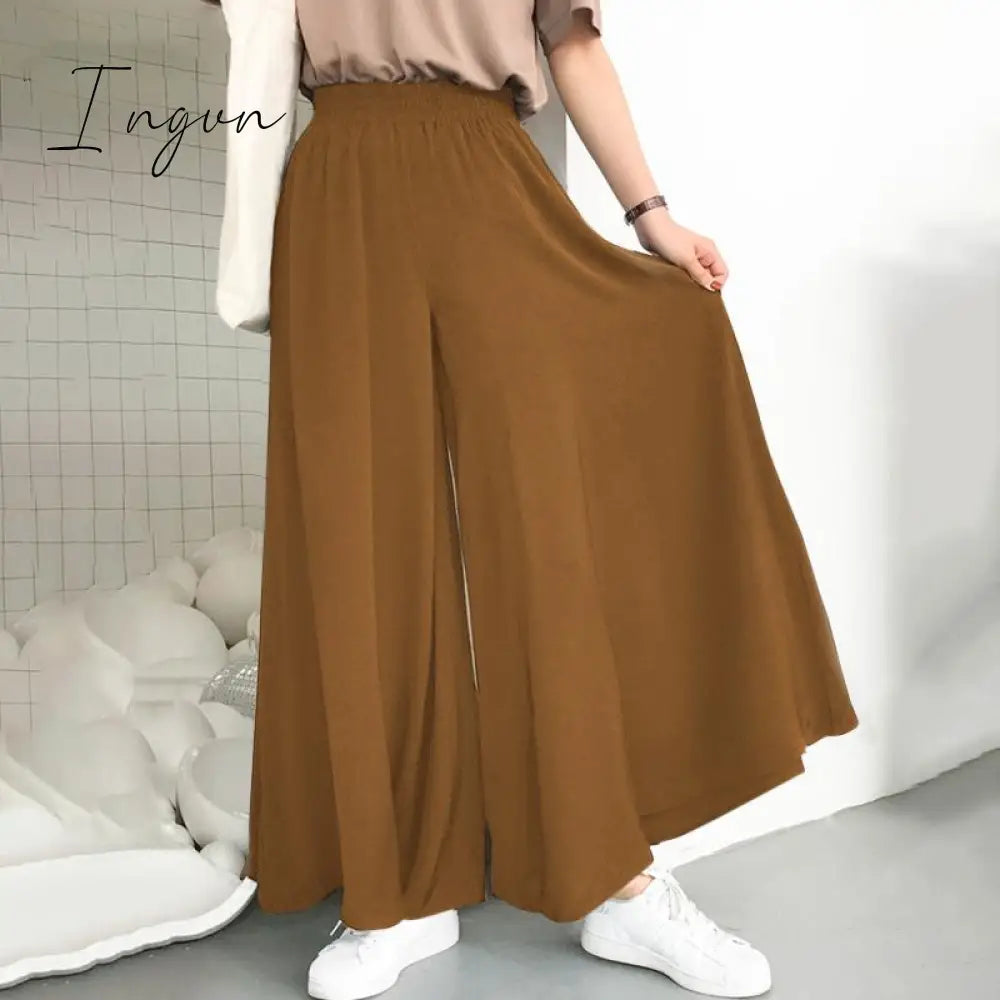 Ingvn - Spring and Summer Plus Size Women's Stretch Belt Wide-Leg Pants Women's Solid Color Wide Full-Length Casual Pants
