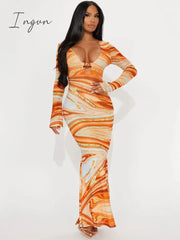 Ingvn - V Neck Print Maxi Dress Women Autumn New Long Sleeve Bodycon Long Dresses Fashion Sexy Printed Dress Elegant Clubwear
