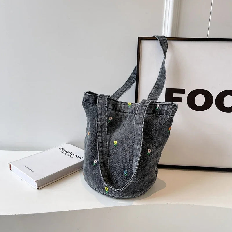 Ingvn  Large Capacity Women's Shoulder Bucket Bag Soft Denim Female Reusable Shopping Bags Embroidery Flower Ladies Tote Purse Handbag