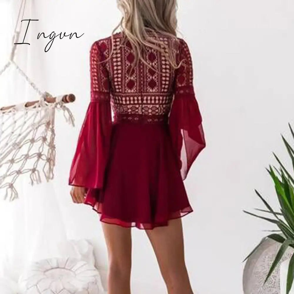 Ingvn - Sexy Crochet Lace V-Neck Mini Dress Summer Flare Sleeve Chiffon Beach Sundress Elegant Women Dress Party Sexi