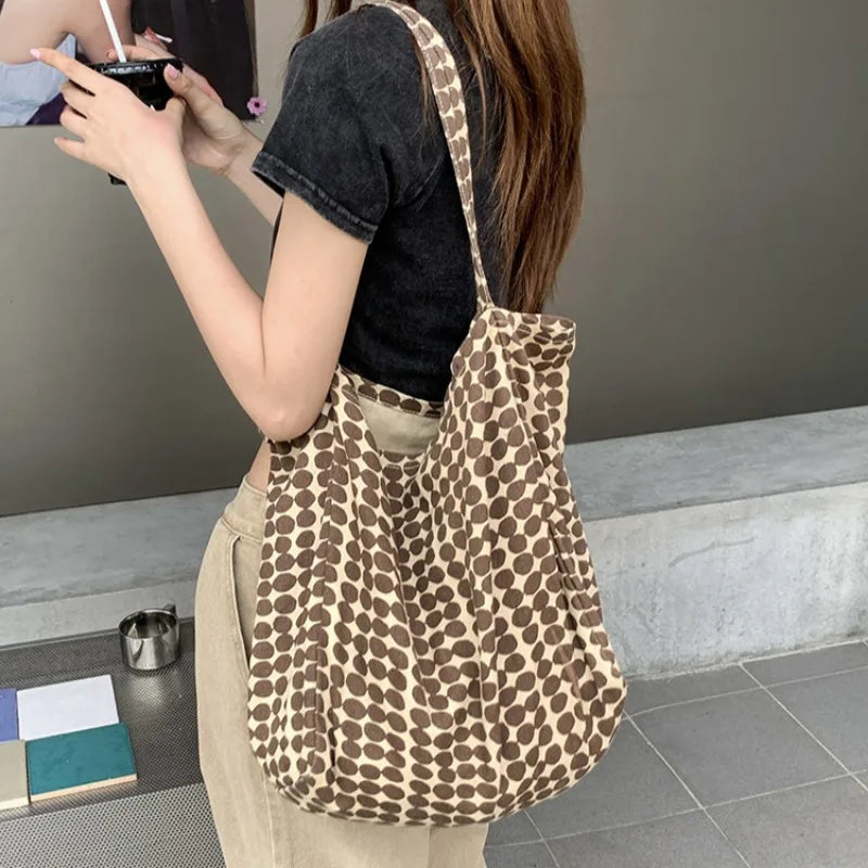 Ingvn  Women's Brown Round Dot Shoulder Bag Canvas Shopping Bags Simple Student Tote Handbag Summer