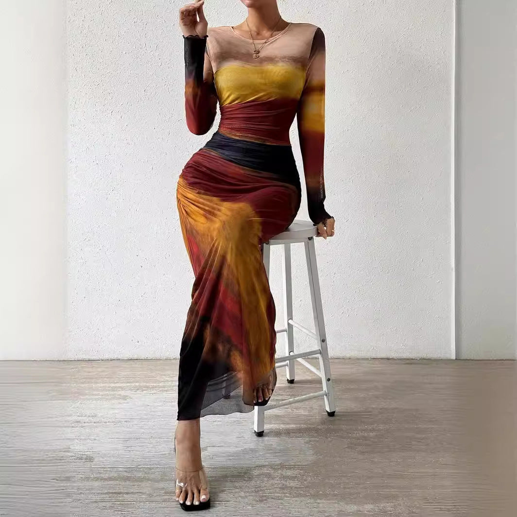 Fashion Mesh Printing Pleated Sexy Tight Split Crewneck dress