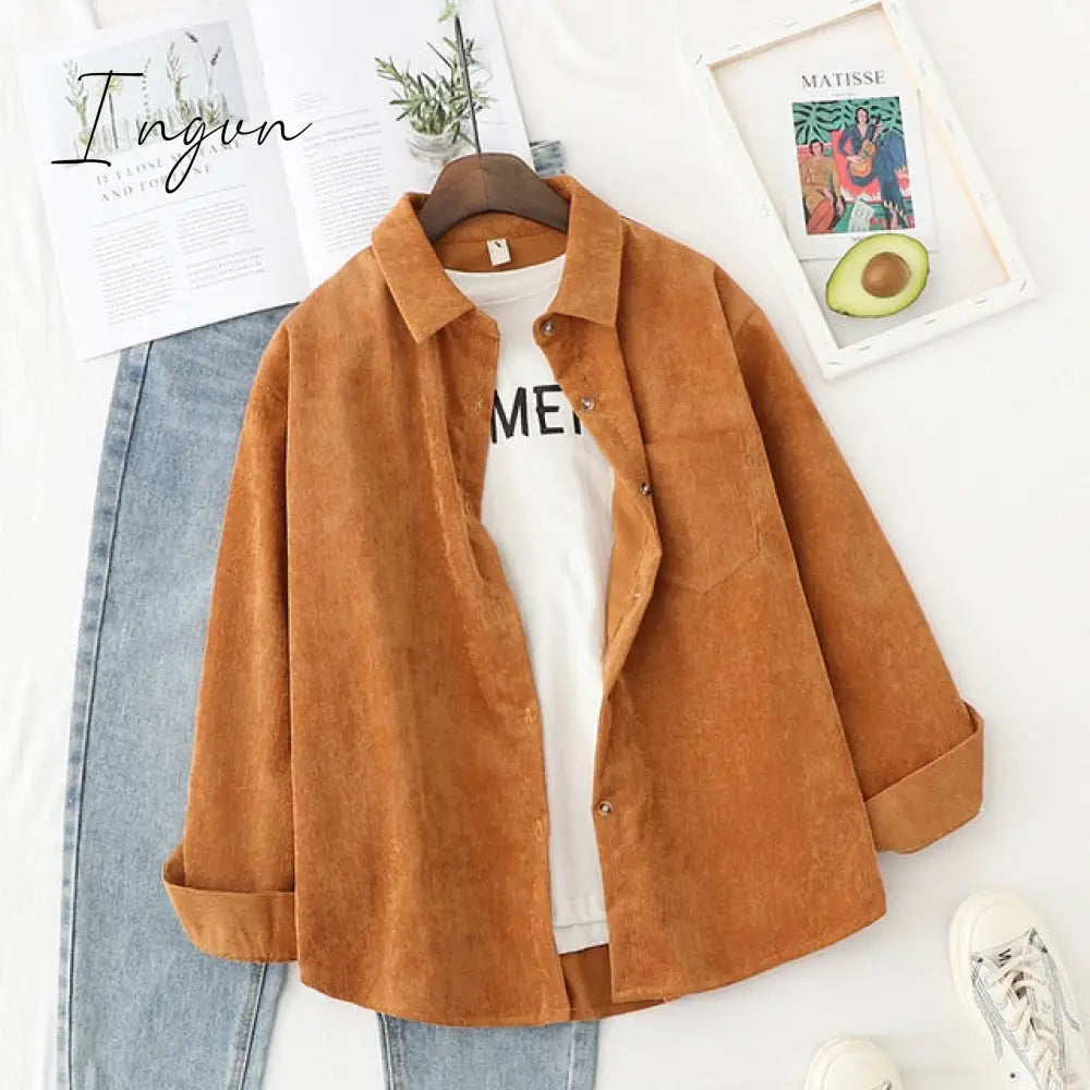 Ingvn - Corduroy Women Blouses Shirts Tunic Womens Tops And Blouses Womenswear Long Sleeve Clothing Button Up Down Loose White New