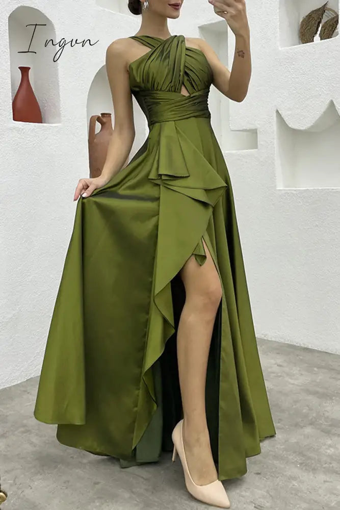 Ingvn - Elegant Formal Solid Slit Asymmetrical Halter Evening Dress Dresses
