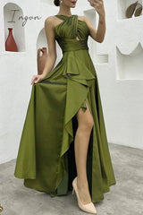 Ingvn - Elegant Formal Solid Slit Asymmetrical Halter Evening Dress Dresses
