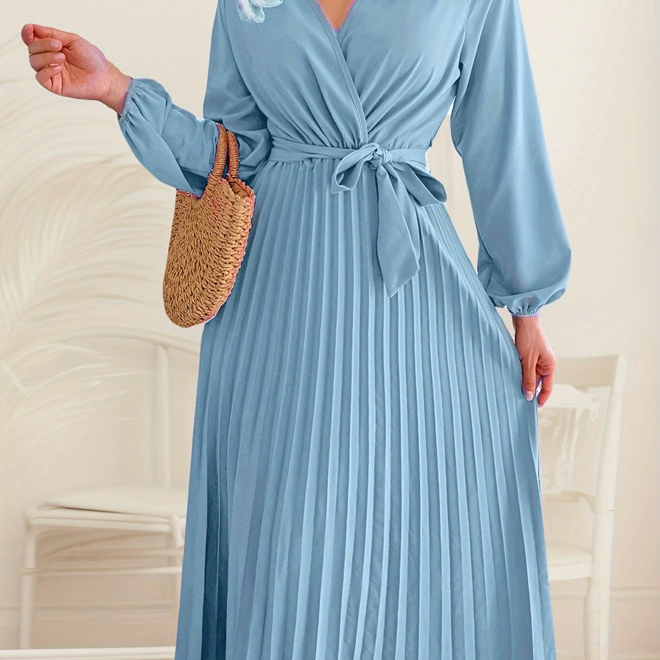 Womens Wrap Tie Dress Casual Fall V Neck Pleated Long Sleeve Solid Flowy Dress For Party Wedding Guest