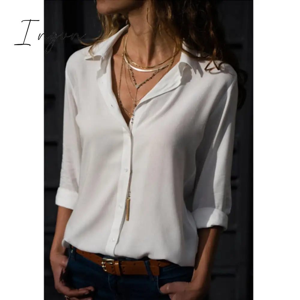 Ingvn - Elegant Long Sleeve Oversized Solid V-Neck Chiffon Blouse Summer Women Tops Female Office Shirts Casual Regular