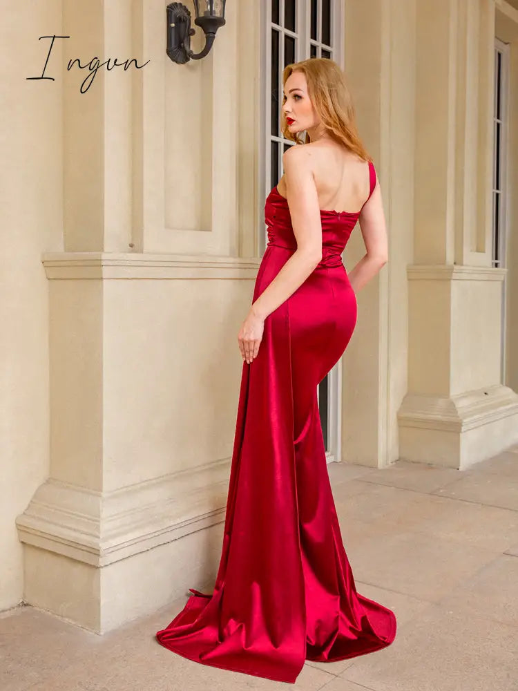 Ingvn - One Shoulder Padded Sexy Satin Maxi Dress Women's Evening Party Dress Gown with Ribbon Royal Blue Green Draped Long Dress