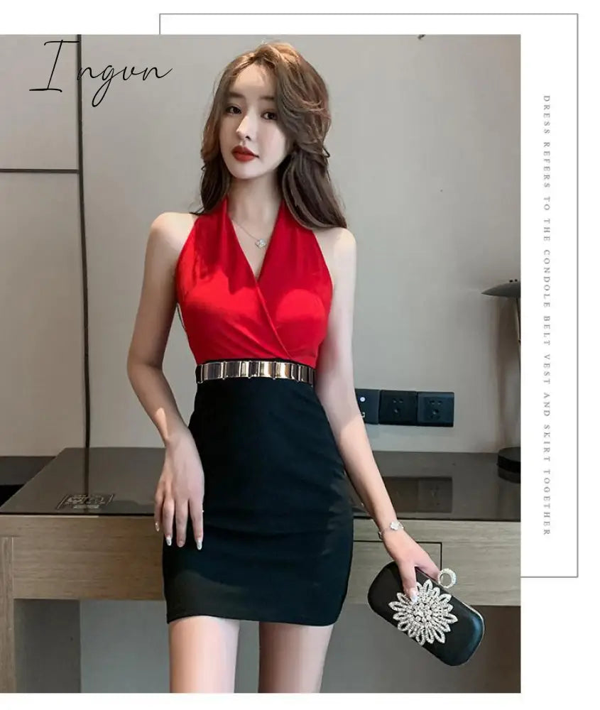 Ingvn - Summer New Women's Fashion Sexy V-Neck Design Tight Sleeveless Short Dress Elegant Slim Office Ladies Contrast Color A-line