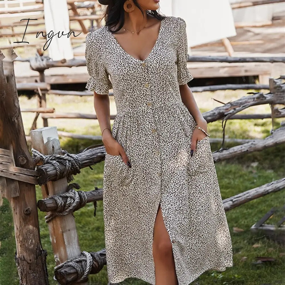 Ingvn - Ladies Vintage Sexy Leopard Print Summer Dress Women Slim Casual High Waist Button Bohemian Women Beach Dress Vestidos Female