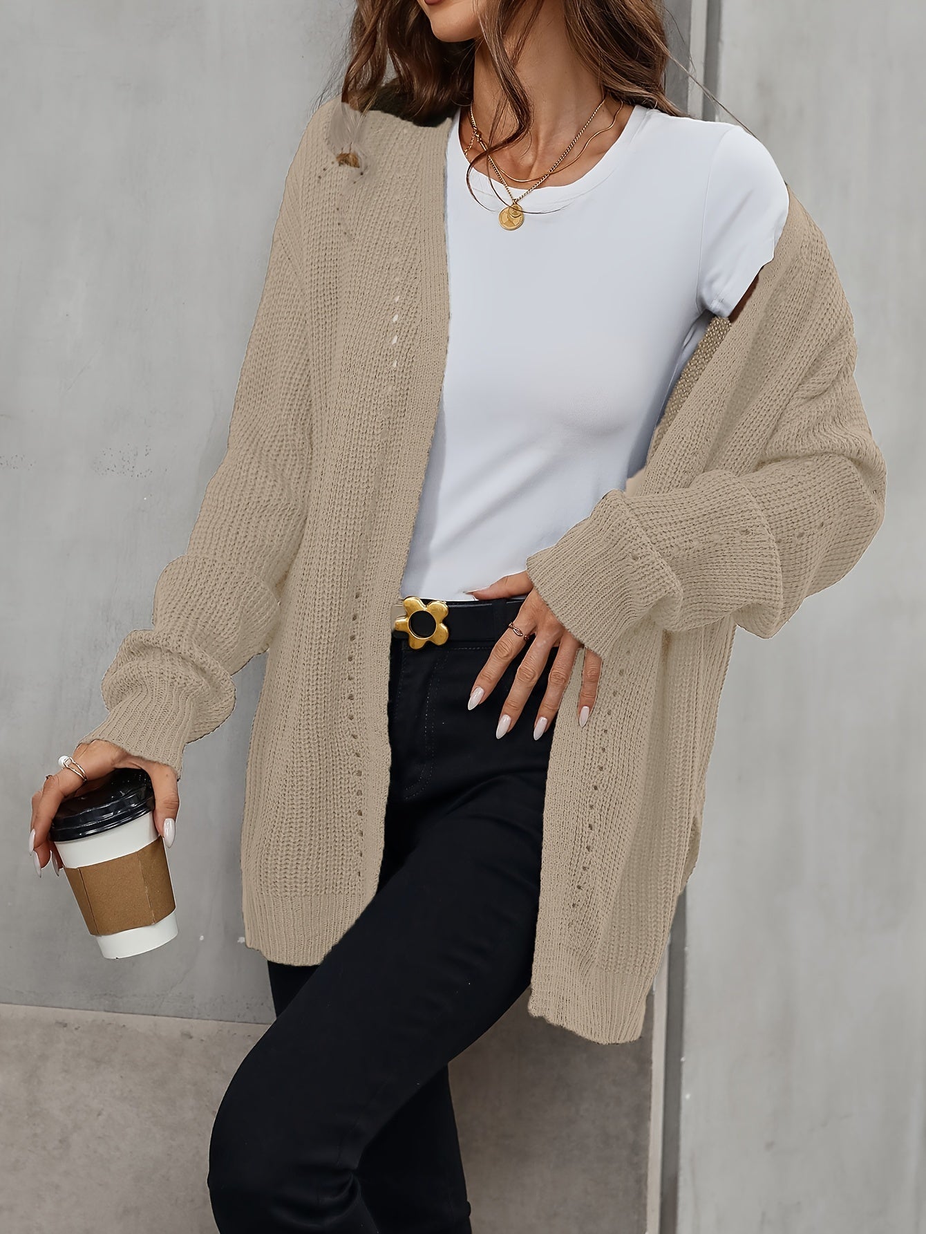 Solid Color Open Front Cardigan, Casual Long Sleeve Cardigan For Fall & Winter, Women's Clothing