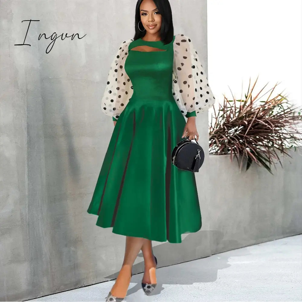 Ingvn - Women Long Sleeve Skater Dress See Through Tulle Dots Contrast Flared Swing Shimmer Dress Elegant Spring Summer Big Size Outfit