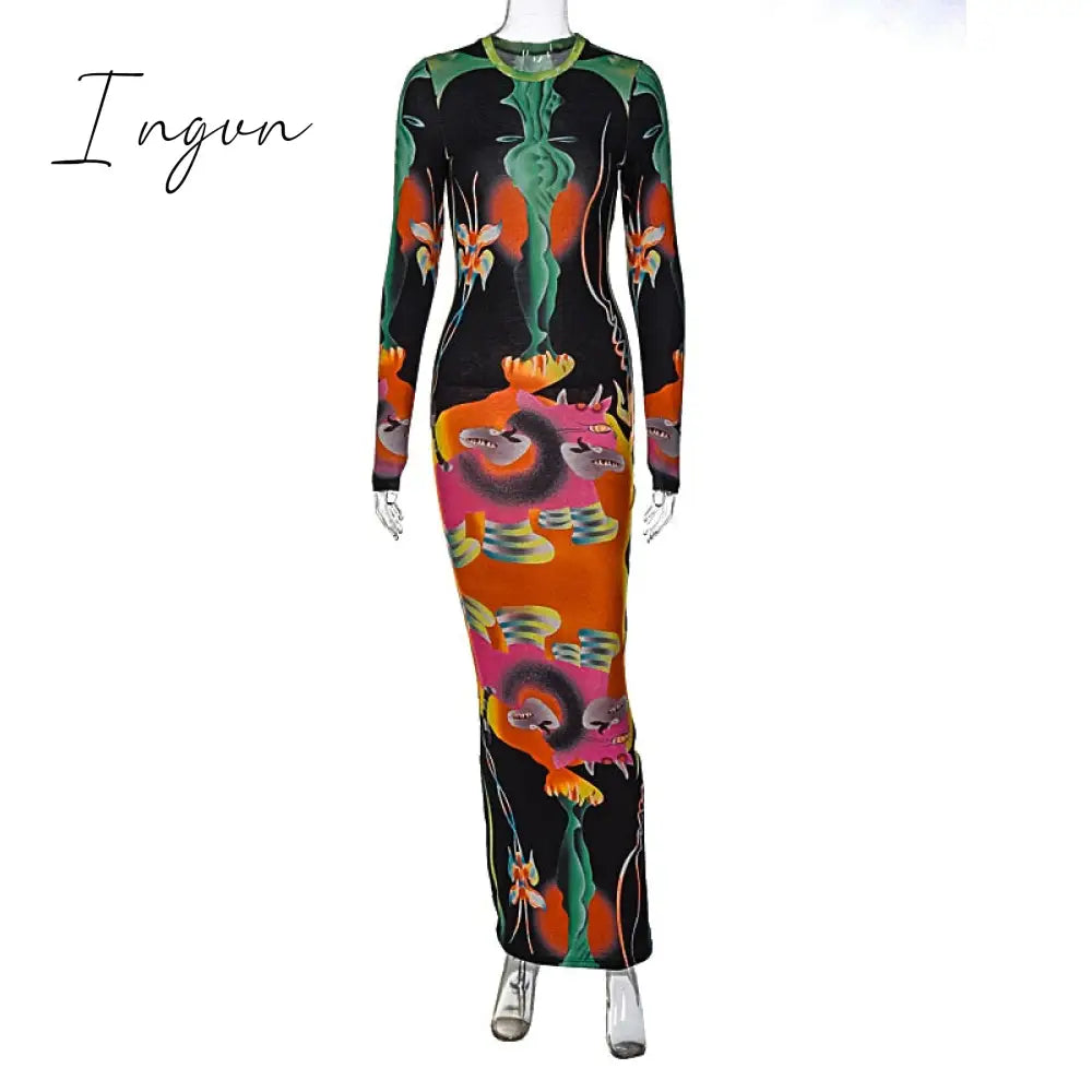 Ingvn - Print Long Sleeves Graphic Patchwork Sexy Slim Maxi Prom Dress Fall Women New Casual Streetwear Party Y2K Clothes